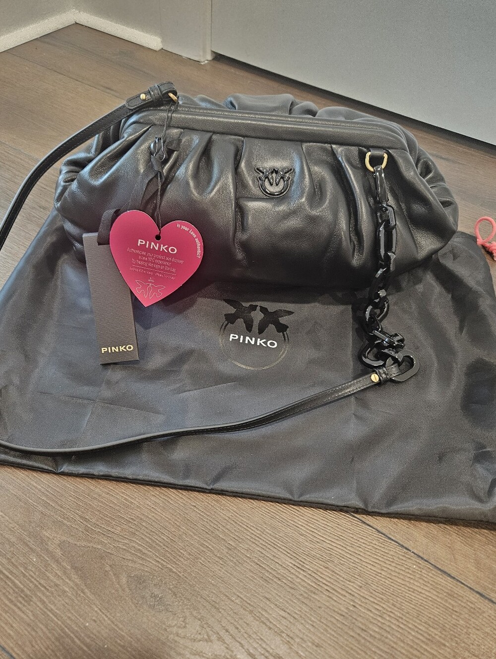 NWT PINKO Maxi Chain Pouch In Black Nappa Leather + Dustbag